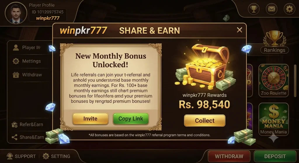 WINPKR777 Game bonus offers screen featuring welcome bonus, daily rewards, referral rewards, and promotional offers.